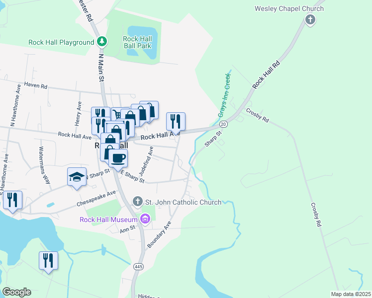 map of restaurants, bars, coffee shops, grocery stores, and more near 5795 Chesapeake Villa Road in Rock Hall