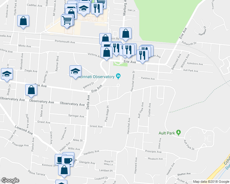 map of restaurants, bars, coffee shops, grocery stores, and more near 3445 Observatory Place in Cincinnati