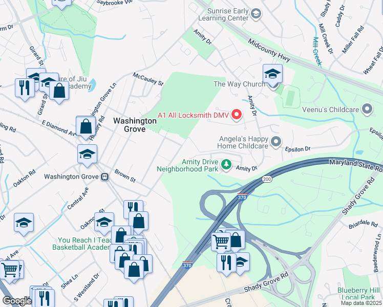 map of restaurants, bars, coffee shops, grocery stores, and more near 306 Picea View Court in Derwood