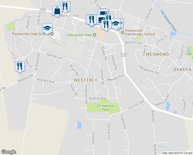 map of restaurants, bars, coffee shops, grocery stores, and more near 17201 Whites Road in Poolesville