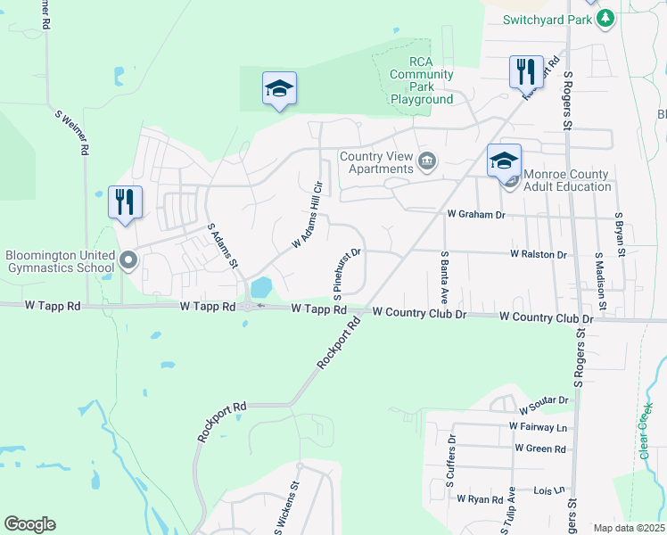 map of restaurants, bars, coffee shops, grocery stores, and more near 2722 South Pinehurst Drive in Bloomington