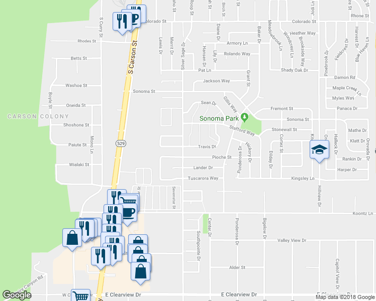 map of restaurants, bars, coffee shops, grocery stores, and more near 505 Travis Drive in Carson City