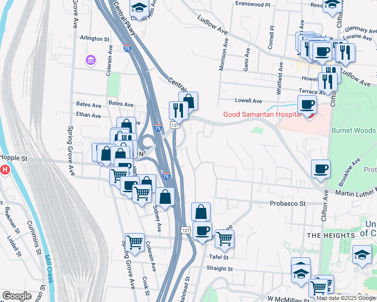 map of restaurants, bars, coffee shops, grocery stores, and more near 2996 West McMicken Avenue in Cincinnati