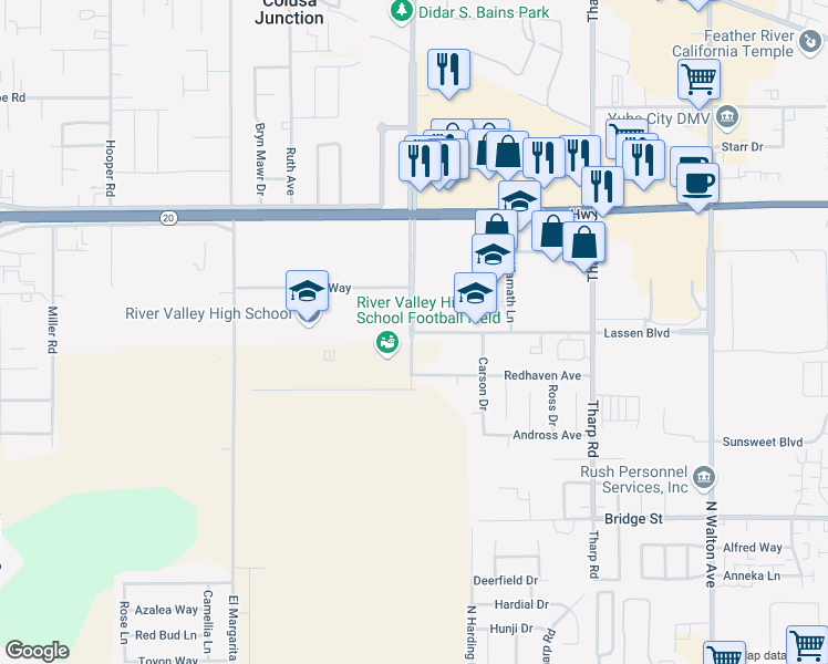 map of restaurants, bars, coffee shops, grocery stores, and more near 1895 Lassen Boulevard in Yuba City