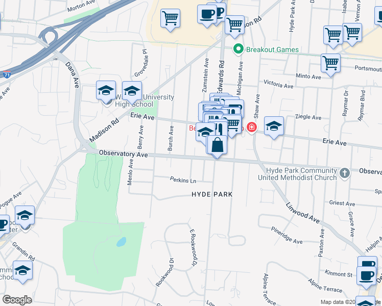 map of restaurants, bars, coffee shops, grocery stores, and more near 2608 Observatory Avenue in Cincinnati