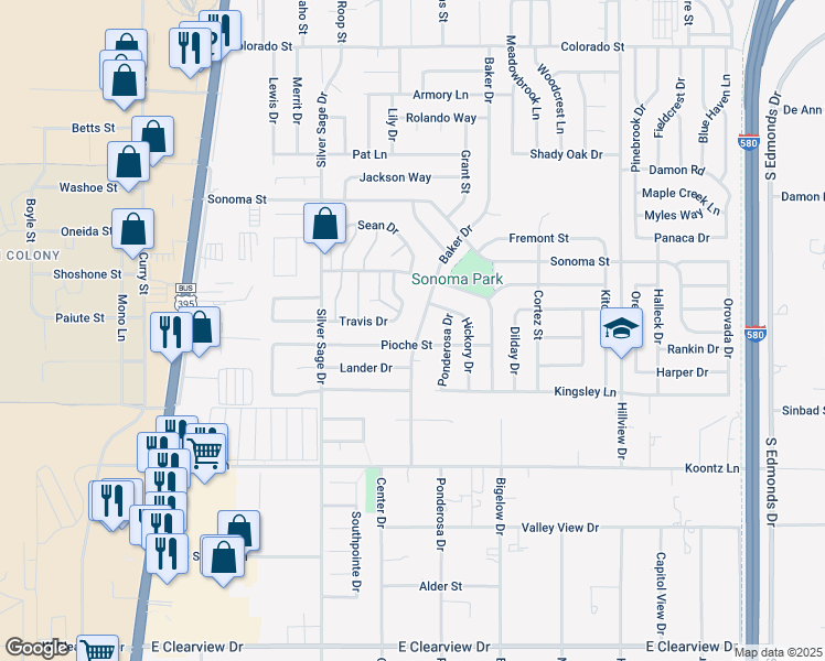 map of restaurants, bars, coffee shops, grocery stores, and more near 3208 Baker Drive in Carson City
