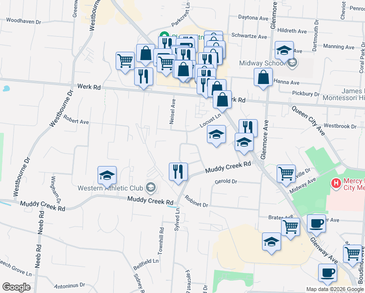map of restaurants, bars, coffee shops, grocery stores, and more near 3676 Allview Circle in Cincinnati