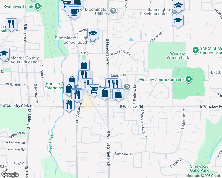 map of restaurants, bars, coffee shops, grocery stores, and more near 2381 South Brandon Court in Bloomington