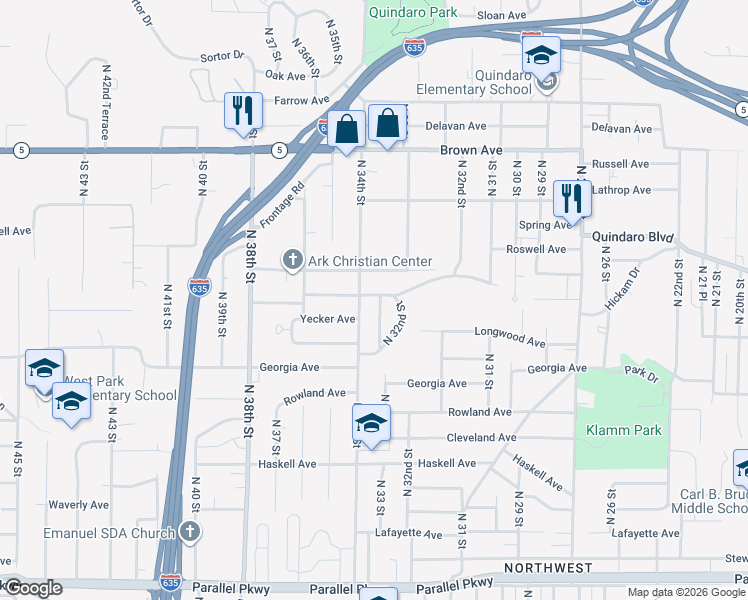 map of restaurants, bars, coffee shops, grocery stores, and more near 2764 North 33 Street in Kansas City