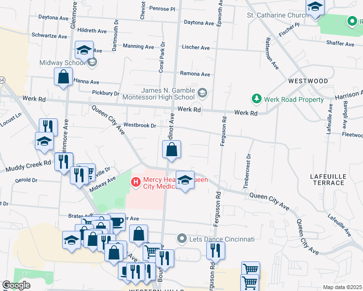 map of restaurants, bars, coffee shops, grocery stores, and more near 3035 Sandra Place in Cincinnati
