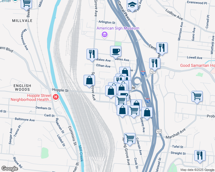 map of restaurants, bars, coffee shops, grocery stores, and more near 1340 Hopple Street in Cincinnati