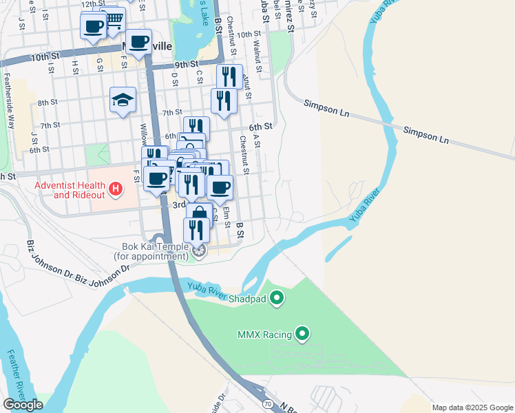 map of restaurants, bars, coffee shops, grocery stores, and more near 201-299 A Street in Marysville