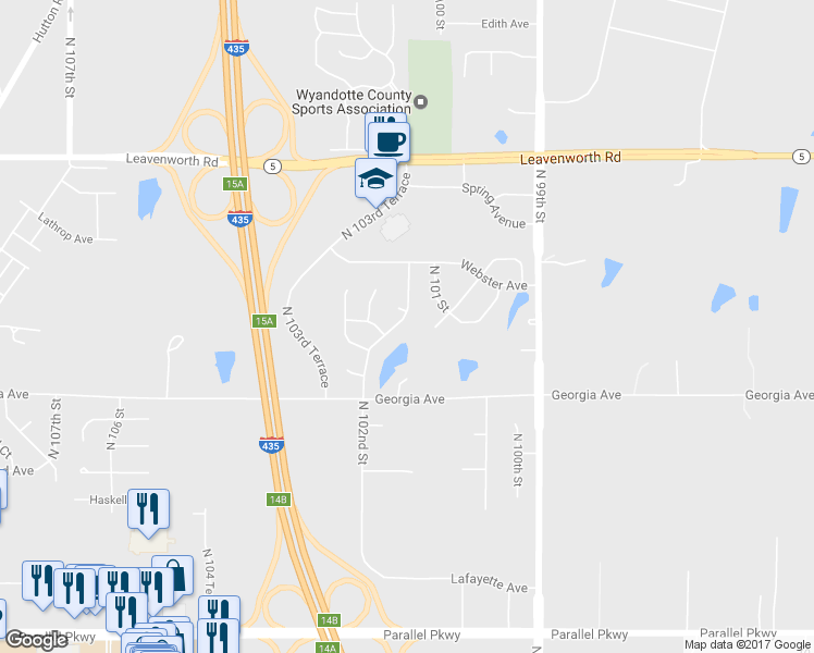 map of restaurants, bars, coffee shops, grocery stores, and more near 2815 North 102nd Street in Kansas City