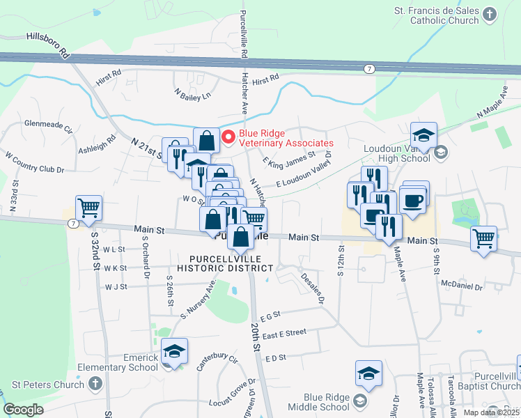 map of restaurants, bars, coffee shops, grocery stores, and more near 151 North Hatcher Avenue in Purcellville