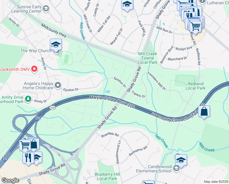 map of restaurants, bars, coffee shops, grocery stores, and more near 7510 Weatherby Drive in Rockville