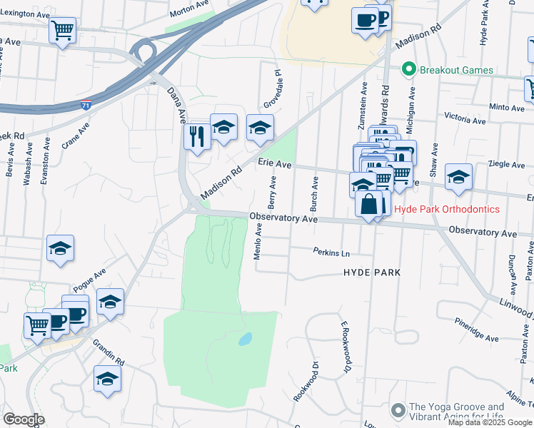 map of restaurants, bars, coffee shops, grocery stores, and more near 3401 Berry Avenue in Cincinnati