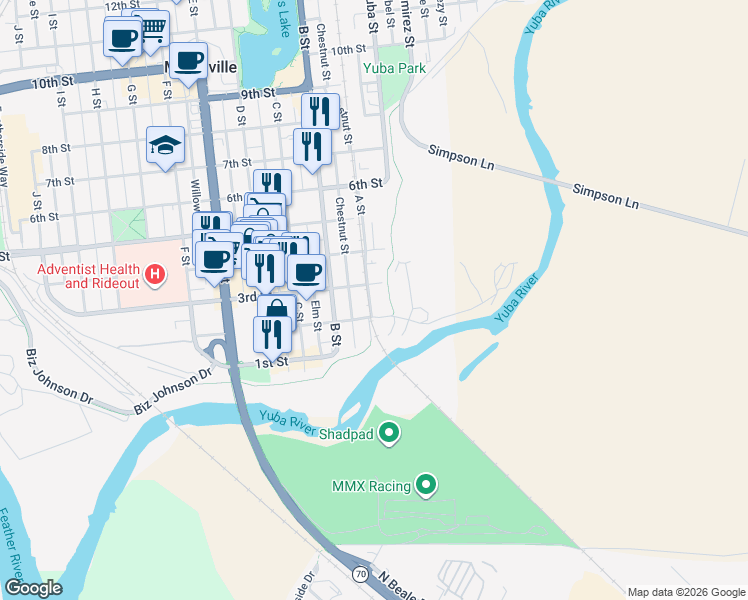 map of restaurants, bars, coffee shops, grocery stores, and more near 201-299 A Street in Marysville