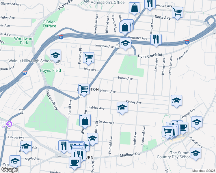 map of restaurants, bars, coffee shops, grocery stores, and more near 3320 Holloway Court in Cincinnati