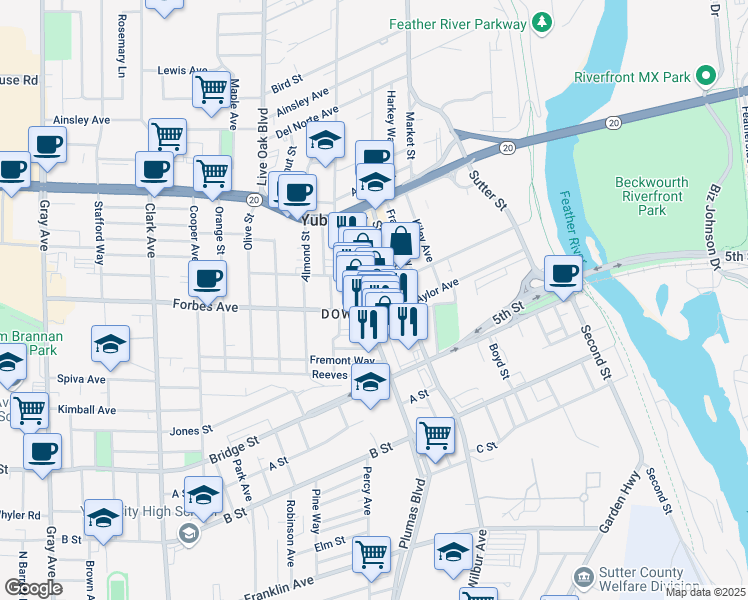 map of restaurants, bars, coffee shops, grocery stores, and more near 715 Plumas Street in Yuba City