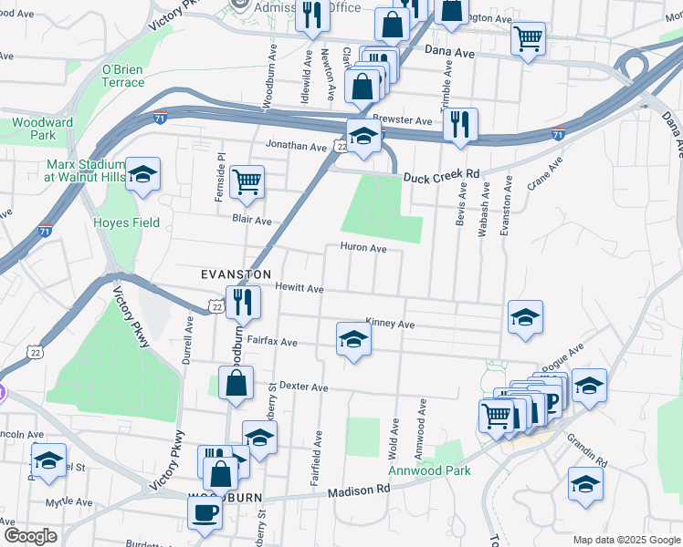 map of restaurants, bars, coffee shops, grocery stores, and more near 3317 Spokane Avenue in Cincinnati