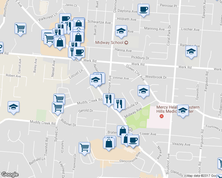 map of restaurants, bars, coffee shops, grocery stores, and more near 3016 Glenmore Avenue in Cincinnati