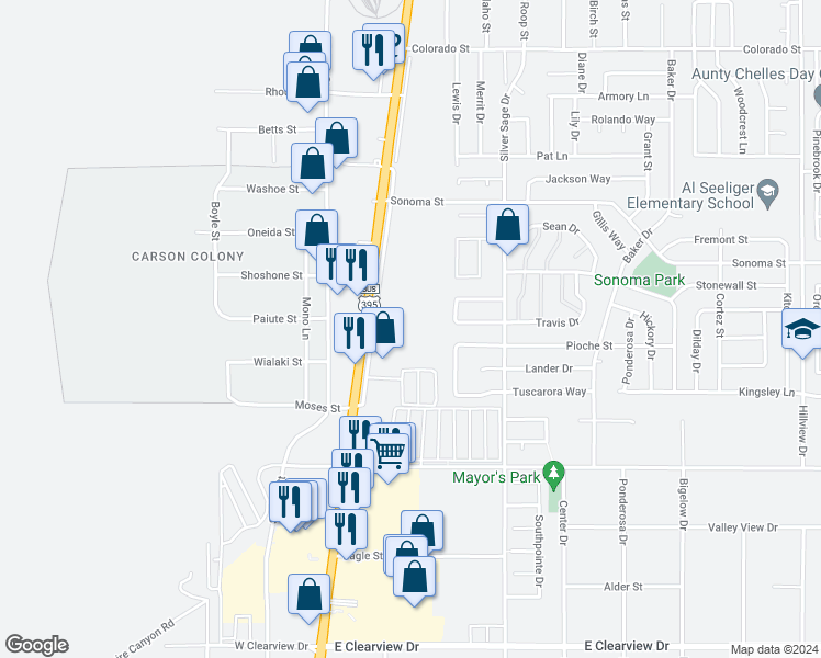 map of restaurants, bars, coffee shops, grocery stores, and more near 3301 South Carson Street in Carson City