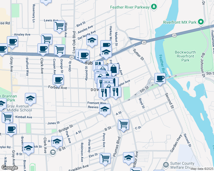 map of restaurants, bars, coffee shops, grocery stores, and more near 715 Plumas Street in Yuba City