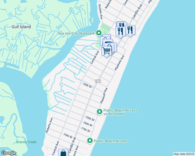 map of restaurants, bars, coffee shops, grocery stores, and more near 28 67th Street in Sea Isle City