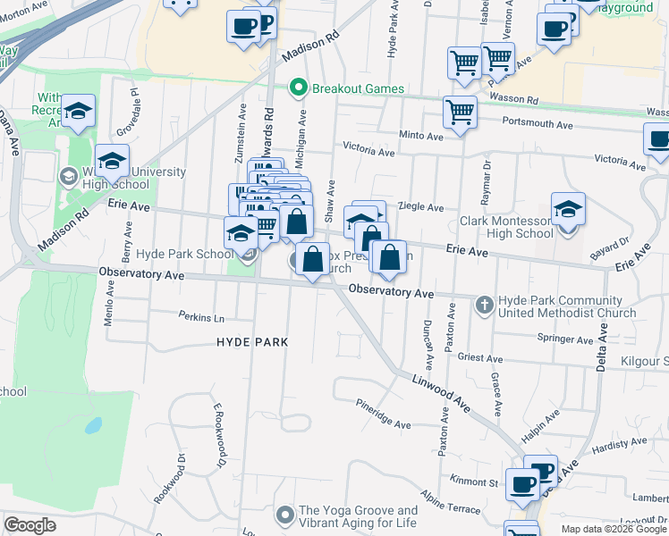 map of restaurants, bars, coffee shops, grocery stores, and more near 2521 Astoria Avenue in Cincinnati