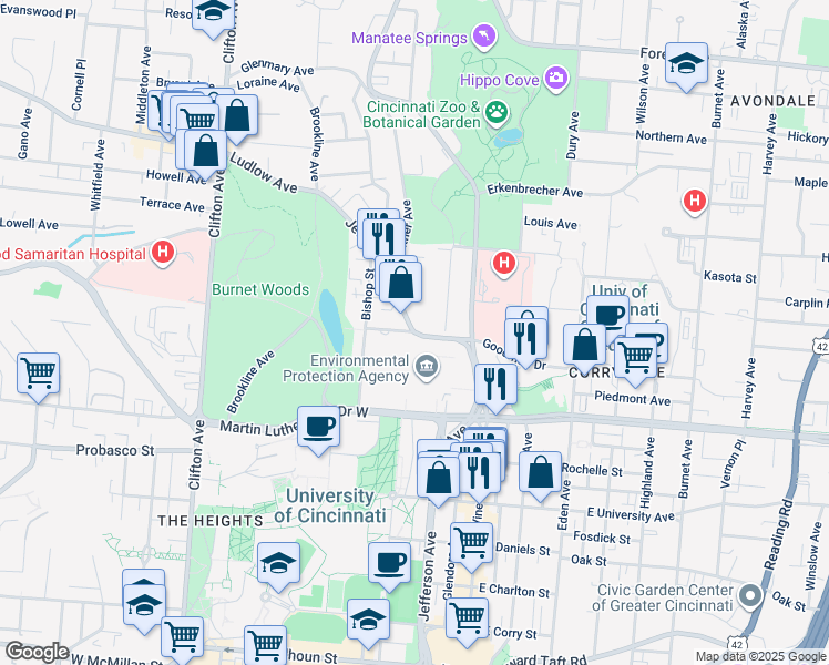 map of restaurants, bars, coffee shops, grocery stores, and more near in Cincinnati