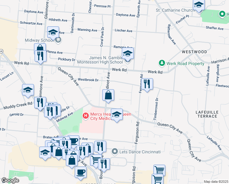 map of restaurants, bars, coffee shops, grocery stores, and more near 3035 Sandra Place in Cincinnati
