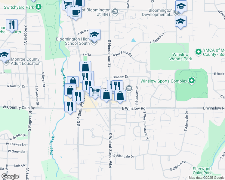 map of restaurants, bars, coffee shops, grocery stores, and more near 2381 South Brandon Court in Bloomington
