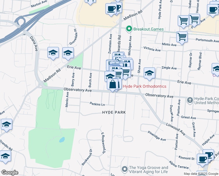 map of restaurants, bars, coffee shops, grocery stores, and more near 3401 Edwards Road in Cincinnati