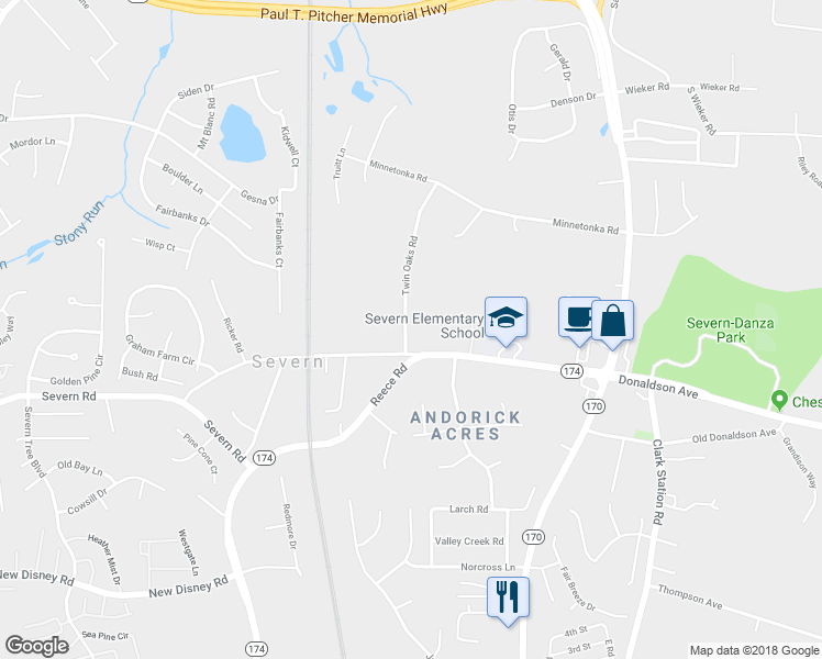 map of restaurants, bars, coffee shops, grocery stores, and more near 7747 Twin Oaks Road in Severn
