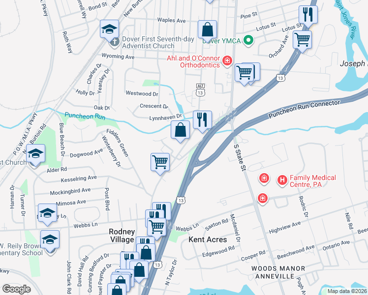 map of restaurants, bars, coffee shops, grocery stores, and more near 1147 South Governors Avenue in Dover