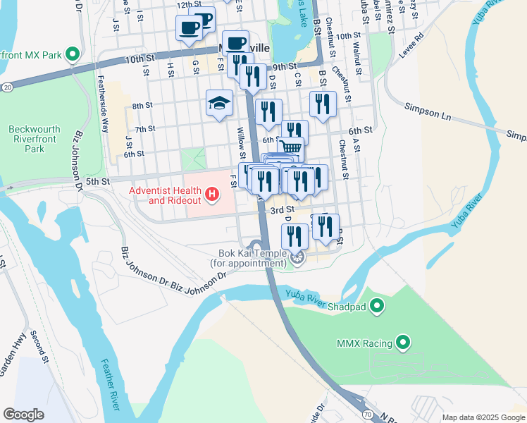 map of restaurants, bars, coffee shops, grocery stores, and more near 299 E Street in Marysville