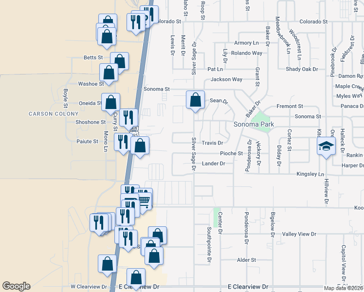 map of restaurants, bars, coffee shops, grocery stores, and more near 401 Springview Court in Carson City
