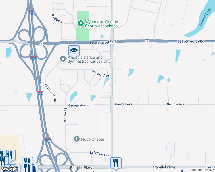 map of restaurants, bars, coffee shops, grocery stores, and more near 9905 Webster Lane in Kansas City