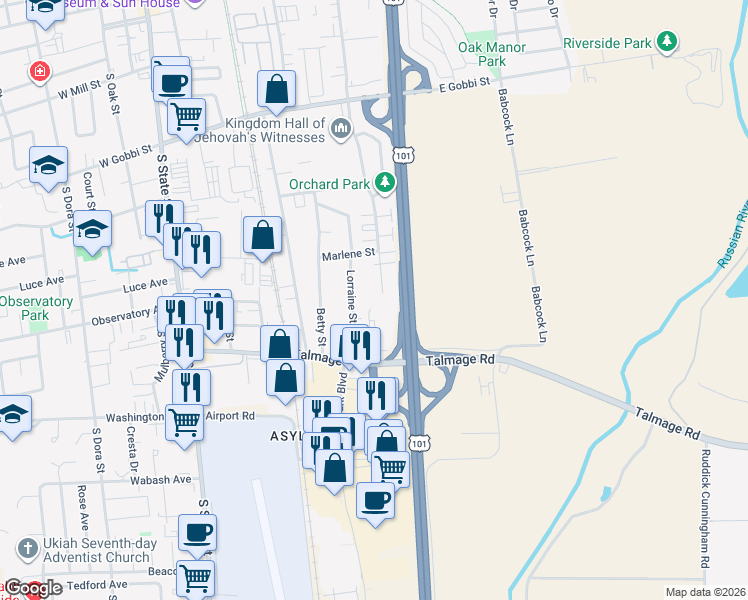 map of restaurants, bars, coffee shops, grocery stores, and more near 16 Lorraine Street in Ukiah
