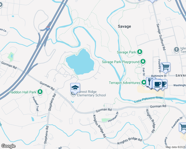 map of restaurants, bars, coffee shops, grocery stores, and more near 8743 Weathered Stone Way in Laurel