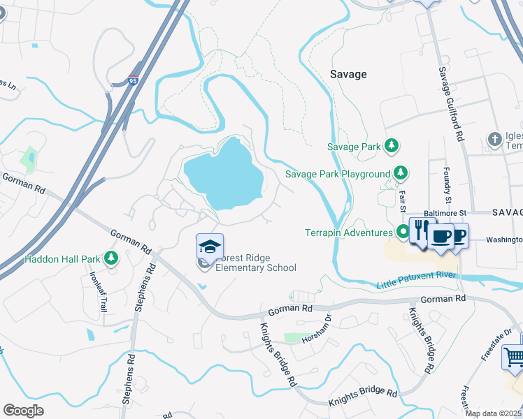 map of restaurants, bars, coffee shops, grocery stores, and more near 8743 Weathered Stone Way in Laurel