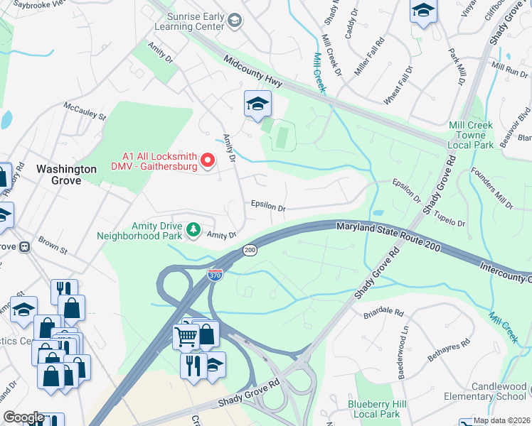 map of restaurants, bars, coffee shops, grocery stores, and more near 7838 Epsilon Dr in Rockville
