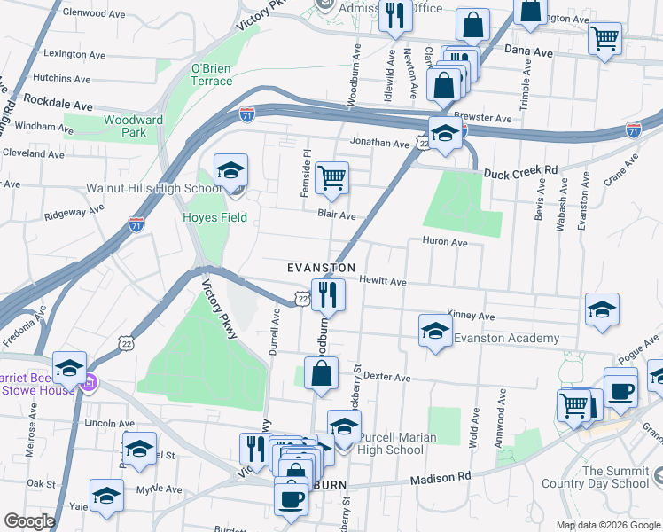 map of restaurants, bars, coffee shops, grocery stores, and more near 3301 Montgomery Road in Cincinnati