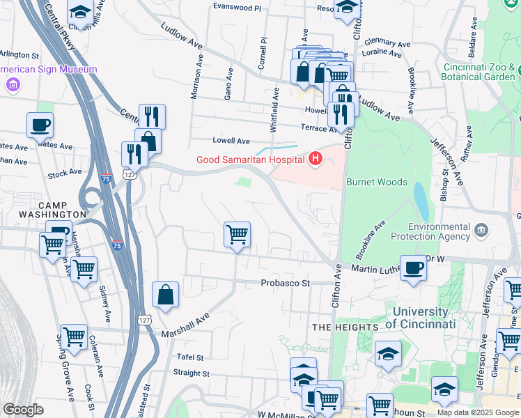 map of restaurants, bars, coffee shops, grocery stores, and more near 3124 Riddle View Lane in Cincinnati