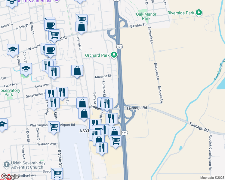 map of restaurants, bars, coffee shops, grocery stores, and more near 976 Marlene Street in Ukiah