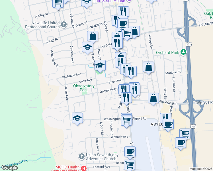map of restaurants, bars, coffee shops, grocery stores, and more near 231 Luce Avenue in Ukiah