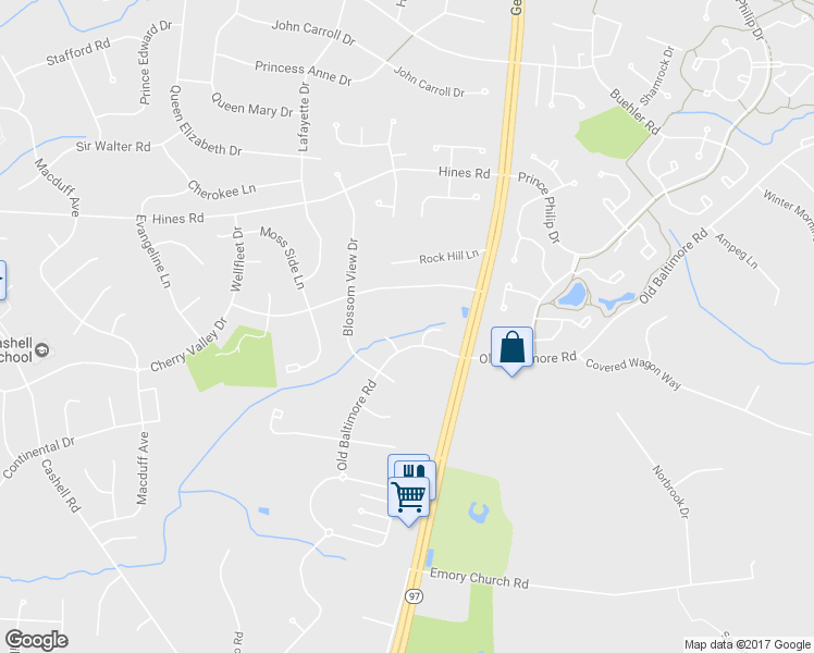 map of restaurants, bars, coffee shops, grocery stores, and more near 17102 Fitzroy Way in Olney