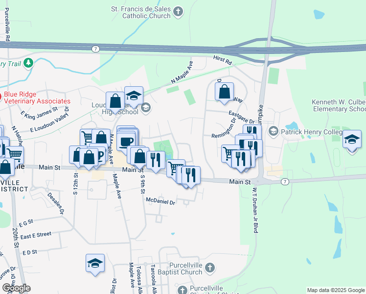 map of restaurants, bars, coffee shops, grocery stores, and more near 139 Ivy Hills Terrace in Purcellville