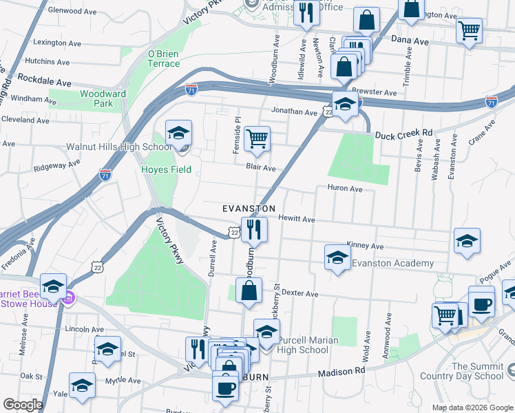 map of restaurants, bars, coffee shops, grocery stores, and more near 3301 Montgomery Road in Cincinnati