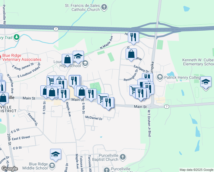 map of restaurants, bars, coffee shops, grocery stores, and more near 139 Ivy Hills Terrace in Purcellville